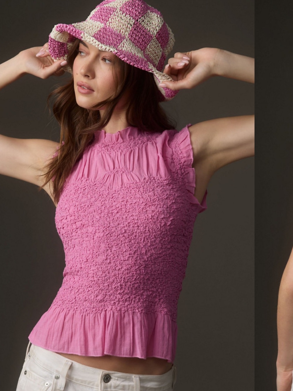 Anthropologie Textured Smocked Tank Floral Pink Size M